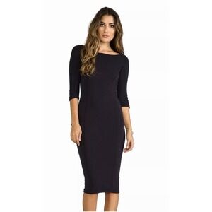James Perse Standard Black Midi Dress 3/4 Sleeve Stretch Capsule Bodycon Size 1